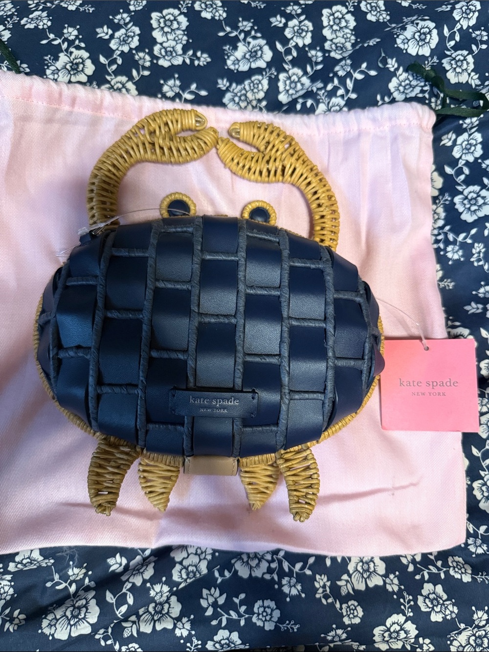 kate spade Navy Woven Leather Crab Shoulder Bag with Natural Rattan